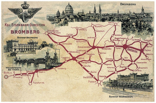 Detailierte Plankarte von Bromberg, Deutschland, mit Straßen, Sehenswürdigkeiten, Gebäuden, Bäumen, einer Brücke und historischem und kulturellen Text.