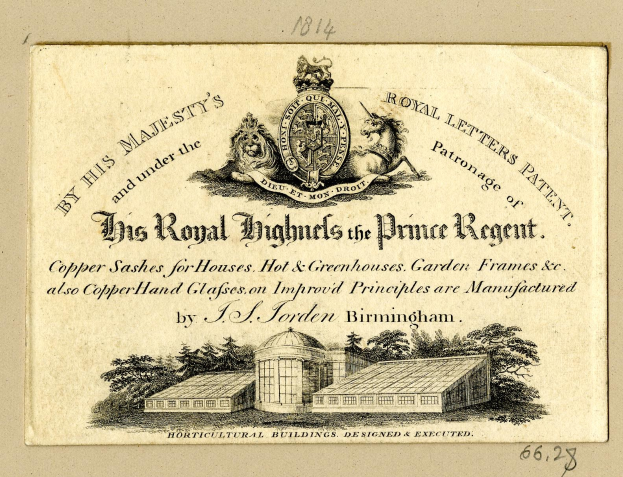 Alte Visitenkarte für "The Royal Highmills of the Prince Regent" mit einer Abbildung eines Gebäudes und Bäumen.