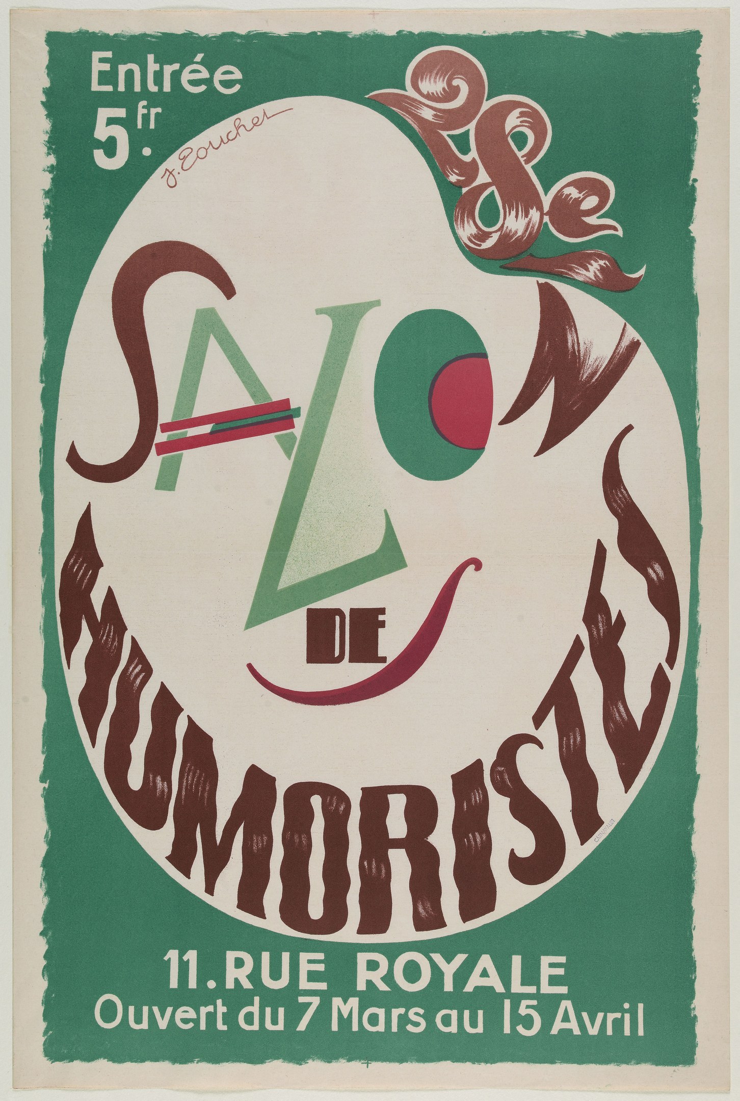 Plakat, das eine Humoristen-Salon-Veranstaltung in Paris, Frankreich, ankündigt, mit Text, der seine Angebote beschreibt.