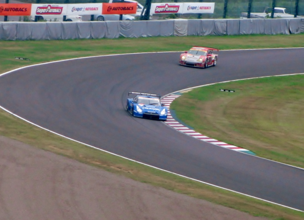 Zwei Autos auf einer Rennstrecke mit Gras an beiden Seiten, Bannern, Maschendrahtzaun, Pfosten und Bäumen im Hintergrund.