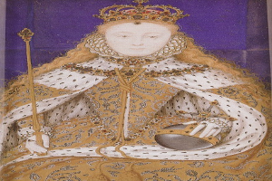 Bild der Queen Elizabeth I. von England in königlicher Kleidung, mit Krone, einen Stab haltend, mit einem Dutt und einem würdevollen Gesichtsausdruck in die Ferne schauend.