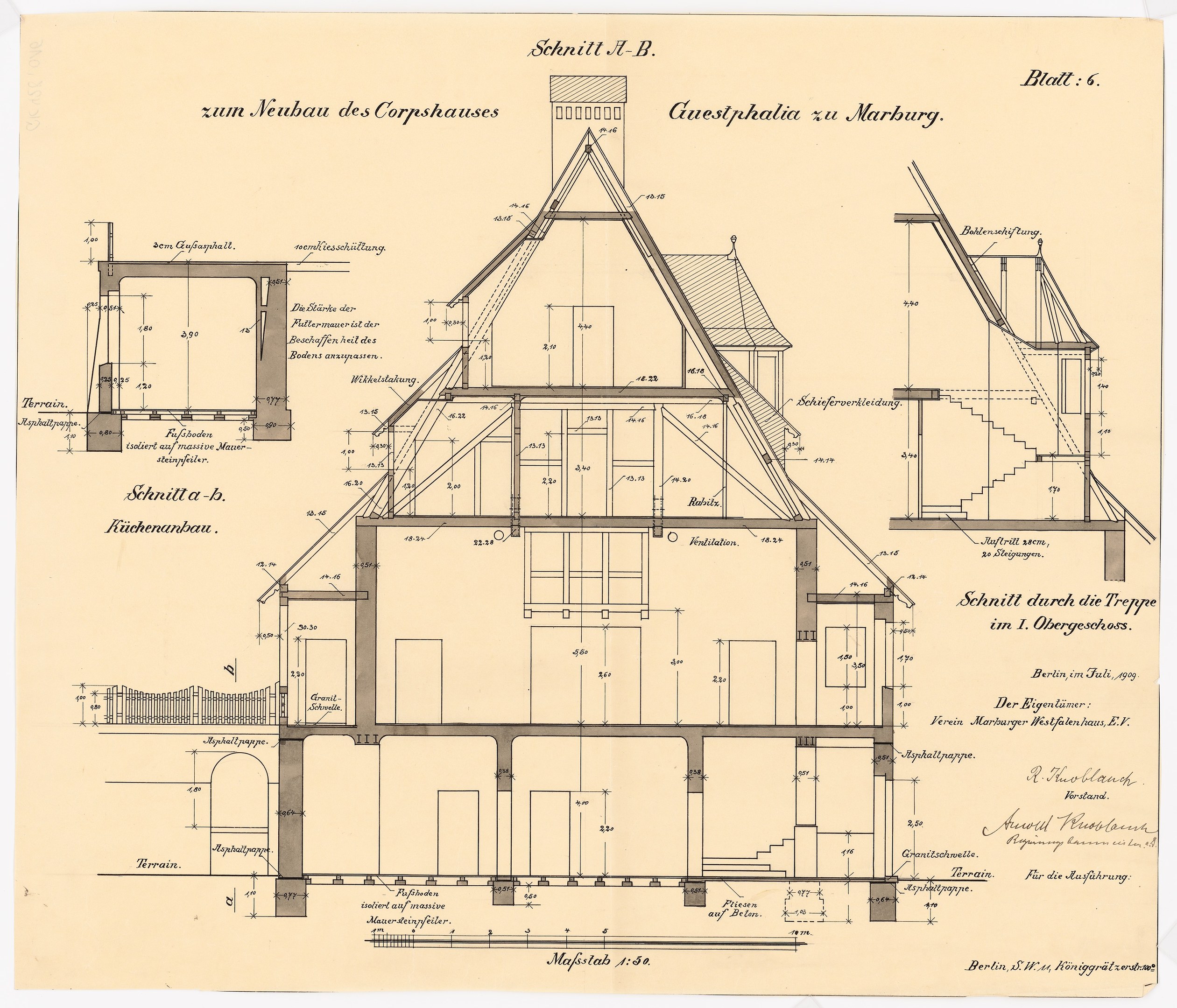 Ein detailliertes architektonisches Zeichnung eines Hauses mit zahlreichen Fenstern und einem Dach, das als erstes Haus in Deutschland gilt, begleitet von strukturellen Plänen und Text auf Papier.