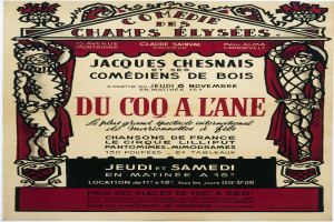 Plakat, das eine Comedy-Show auf den Champs-Élysées in Paris ankündigt, mit Text und Bildern.