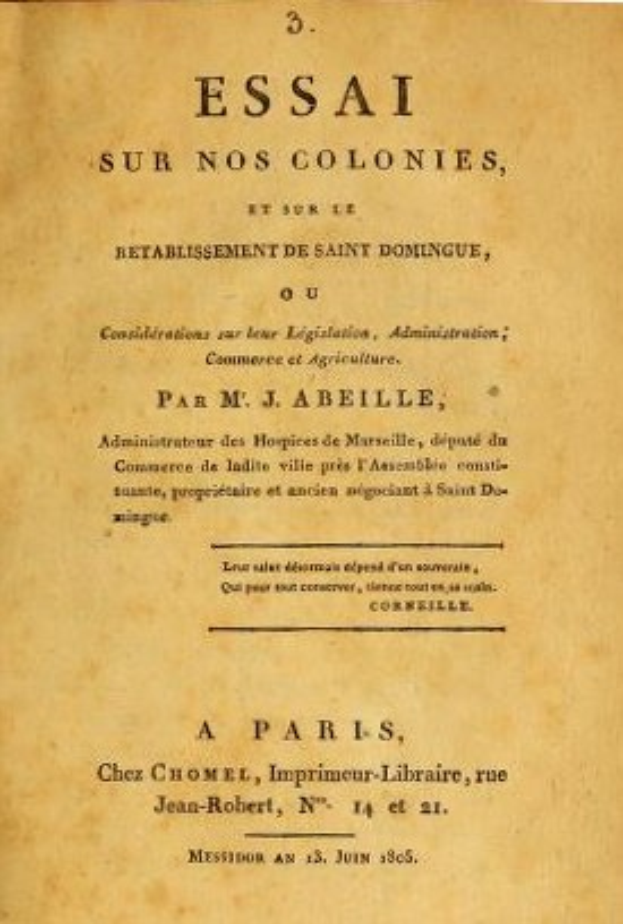 Umschlag eines alten Buches mit dem Titel "Essai sur nos Colonies, et sur l'Établissement de Saint-Domingue", wahrscheinlich eine Sammlung von Essays zur Geschichte der französischen Kolonien und Saint-Domingue.