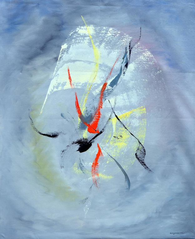 Abstrakte Malerei mit blauem Hintergrund, roter und gelber Betonung, erstellt mit Acryl auf Leinwand in Grautönen.