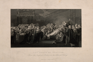 Ein Schwarz-Weiß-Foto einer Gruppe von Menschen in einem Raum, einige sitzen und einige stehen, mit dem Text "Der Tod von Chatham" unten.