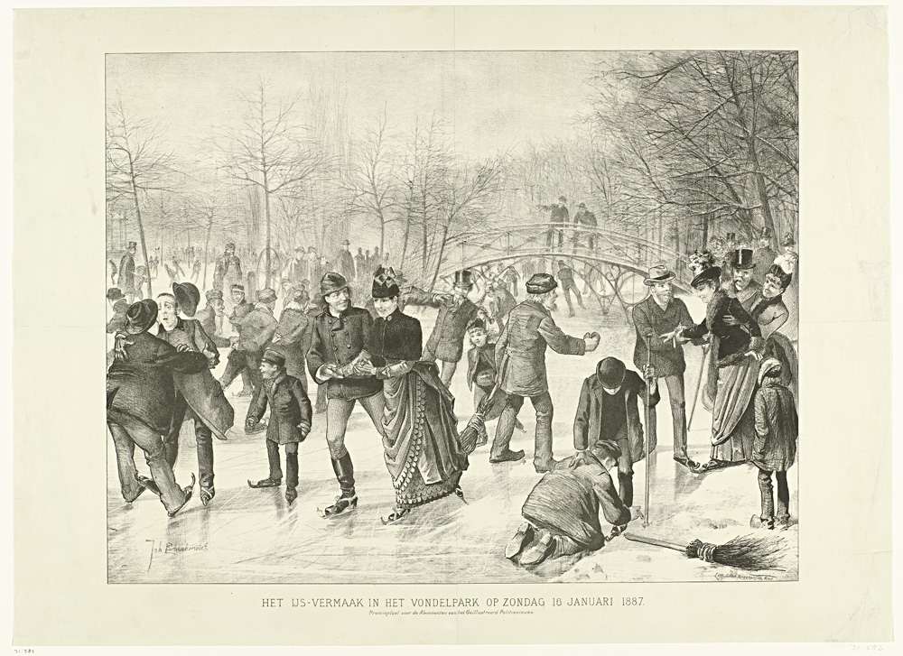 Eine Gruppe von Menschen, die auf einer Eisbahn in einem Park Schlittschuh laufen, mit Bäumen und einer Brücke im Hintergrund und Text am unteren Rand, der "Het us-vermaak in het vondelpark op zondag 10 januari 1887" lautet.
