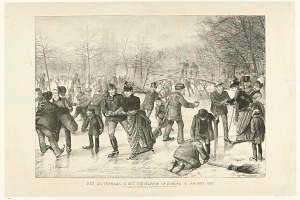 Eine Gruppe von Menschen, die auf einer Eisbahn in einem Park Schlittschuh laufen, mit Bäumen und einer Brücke im Hintergrund und Text am unteren Rand, der "Het us-vermaak in het vondelpark op zondag 10 januari 1887" lautet.