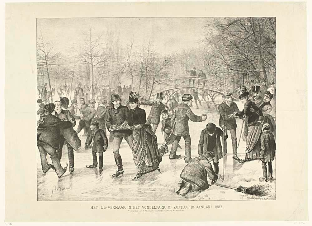 Eine Gruppe von Menschen, die auf einer Eisbahn in einem Park Schlittschuh laufen, mit Bäumen und einer Brücke im Hintergrund und Text am unteren Rand, der "Het us-vermaak in het vondelpark op zondag 10 januari 1887" lautet.