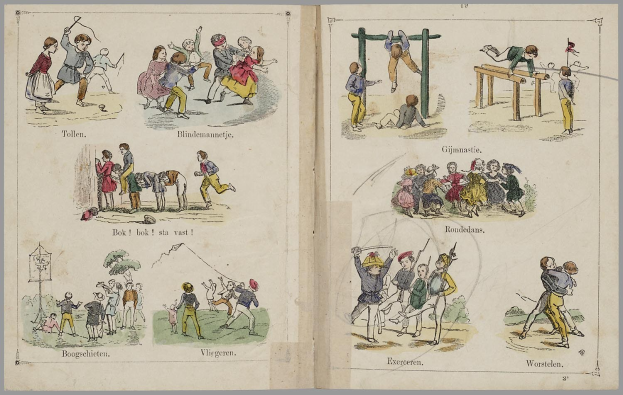 Offenes Buch mit Illustrationen von Menschen beim Sport wie Laufen, Springen und Ballspielen, jeweils mit begleitendem Text.