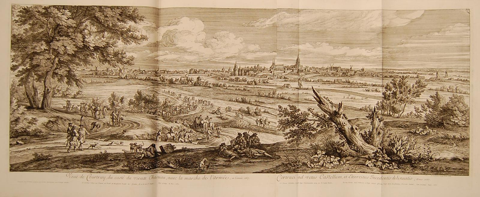 Ein aufgeschlagenes Buch mit dem Titel 'Ansicht der Schlacht von Castellum und Castellium aus der Illustrated London News', das eine Landschaft mit einer Gruppe von Menschen im Vordergrund, Bäumen, Pflanzen, Gebäuden im Hintergrund und Wolken am Himmel zeigt.