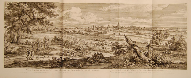 Ein aufgeschlagenes Buch mit dem Titel 'Ansicht der Schlacht von Castellum und Castellium aus der Illustrated London News', das eine Landschaft mit einer Gruppe von Menschen im Vordergrund, Bäumen, Pflanzen, Gebäuden im Hintergrund und Wolken am Himmel zeigt.