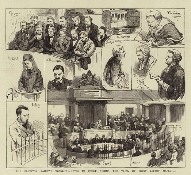 Schwarze und weiße Gerichtsskizze, die eine stehende Person mit einem Buch, sitzende Zuschauer und einen Zug durchs Fenster zeigt, mit der Bildunterschrift "The Brighton Railway Tragedy - Notes in Court During the Trial of Percy Leffroy Mapleton" unten.