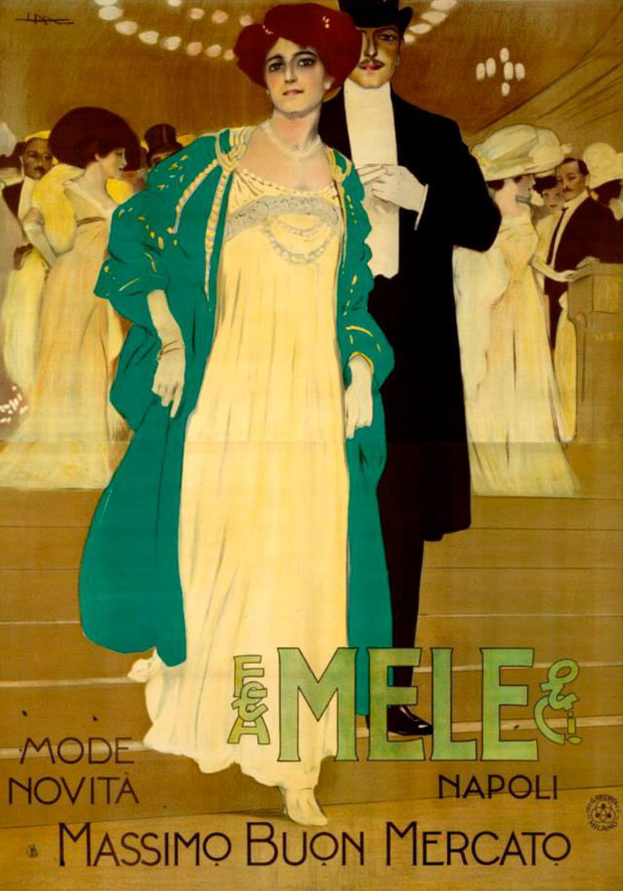 Ein Plakat, das eine Modenschau mit einer Frau in einem weißen Kleid und einem Mann in einem schwarzen Anzug ankündigt.