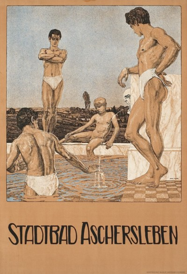 Ein Plakat, das ein Schwimmbad in Aschersleben, Deutschland, bewirbt und Menschen im Wasser zeigt, darunter einen sitzenden, sowie Text, der Pool-Informationen bereitstellt.