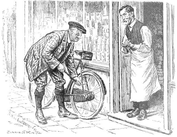 Ein alter Mann mit Hut hält ein Fahrrad vor einem Laden mit einer Tür und verschiedenen Hintergrundobjekten; Text erscheint unten.