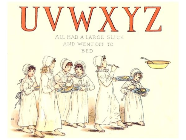 Eine Gruppe von Menschen mit Tellern voller Essen, mit einer Schüssel und Löffel auf der rechten Seite und dem Text "Uwxyz - Alle hatten ein großes Stück und gingen ins Bett" oben.