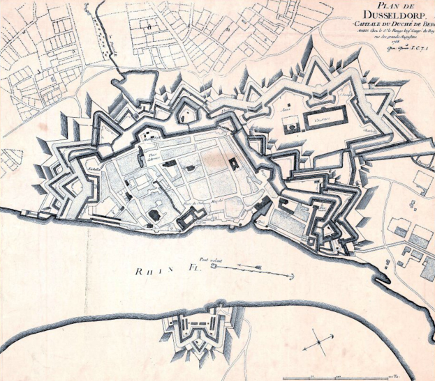 Detailierte Stadtplan-Poster von Düsseldorf, Deutschland, mit Straßen, Gebäuden und Sehenswürdigkeiten sowie zusätzlichem Text über die Bevölkerungszahl, Geschichte und Kultur der Stadt.