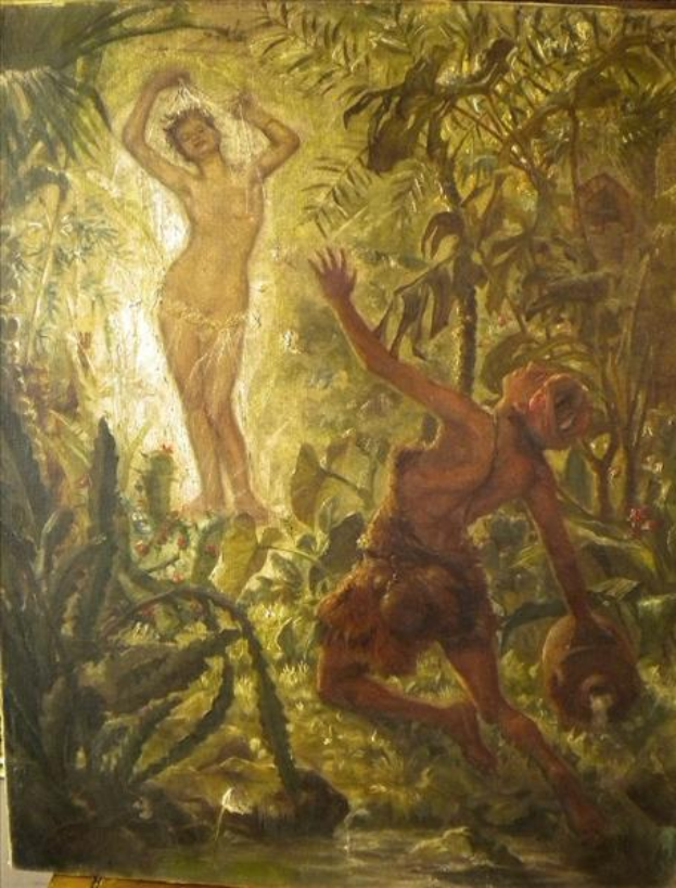 Ein Gemälde eines Mannes und einer Frau in Not innerhalb eines dichten Dschungels, umgeben von detailreichen, leuchtenden Pflanzen.