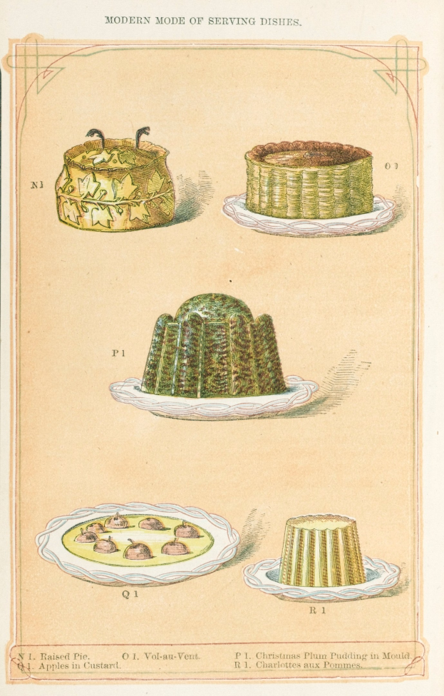 Ein Buchumschlag mit Illustrationen verschiedener Desserts, darunter ein zentraler Kuchen, mit begleitendem Text über Zutaten und Toppings.