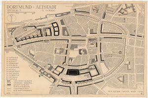 Ein detaillierter alter Stadtplan von Dortmund, Deutschland, mit Text, der einen umfassenden Überblick über die Gegend bietet.