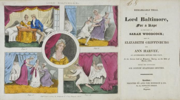 Eine historische Illustration eines Prozessdokuments mit einem Blatt Papier mit Porträts von Menschen, Vorhängen und handgeschriebenem Text.