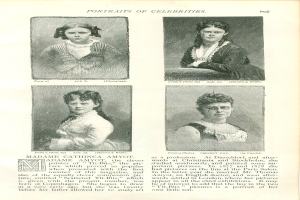 Ein aufgeschlagenes Buch mit vier detaillierten, farbenfrohen Porträts von Frauen mit einzigartigen Ausdrücken und Frisuren, begleitet von sauber geschriebenem Text.