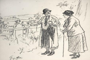 Ein Mann und eine Frau stehen zusammen auf einem Feld, der Mann hält einen Stock, während im Hintergrund Tiere, Bäume und ein Zaun zu sehen sind; Text unten lautet "Die Farmerin von Sir Edward Burne-Jones."