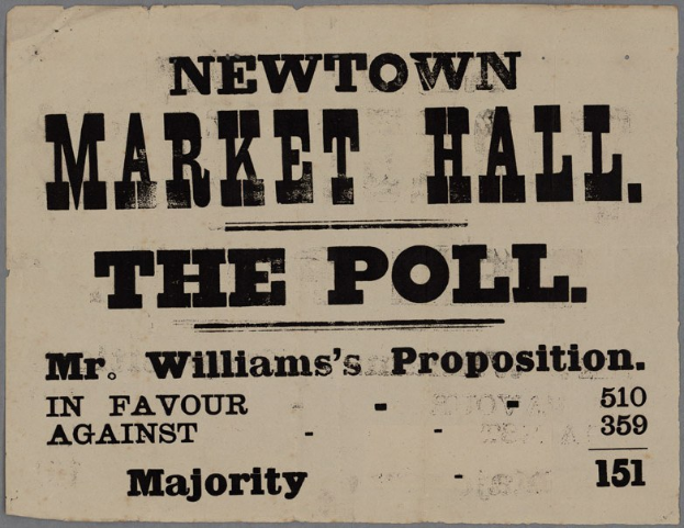 Papier mit handgeschriebenem Text, der 'Newtown Market Hall, die Abstimmung, Mr. Williams' Vorschlag für gegen die Mehrheit' liest.