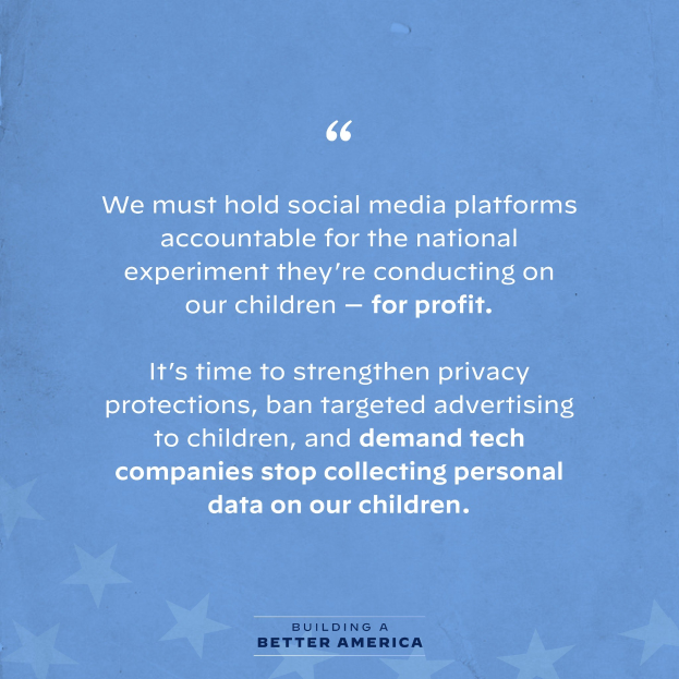 Ein Plakat mit einem Zitat aus "Building a Better America", das besagt: "Wir müssen die sozialen Medien-Plattformen für das nationale Experiment zur Rechenschaft ziehen, das sie an unseren Kindern durchführen - zum Profit.", dekoriert mit Sternen.