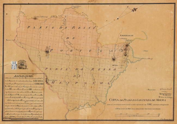 Alte Brasilienkarte in einem Foto Rahmen, betitelt "Copia do Plano da Contenda de Moura", zeigt historische Provinzgrenzen.