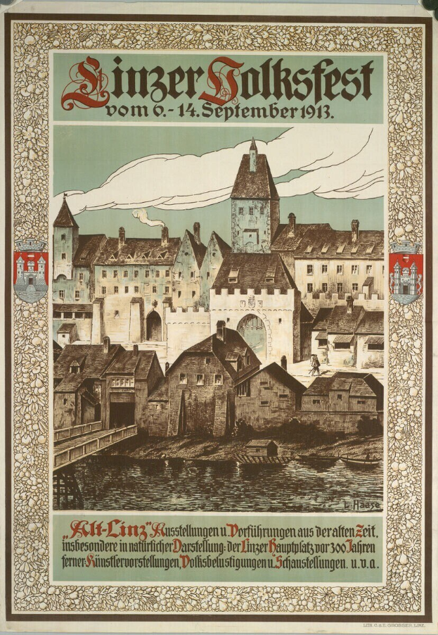 Alter Plakatwerbung für ein Festival in Deutschland, zeigt eine Illustration einer Burg umgeben von Häusern mit Text, der Festivaldetails enthält.
