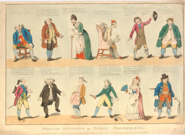 Papier mit Abbildungen von Menschen und handgeschriebenem Text, das öffentliche Meinungen zu Prozessen darstellt.