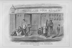 Schwarz-weiß-Zeichnung von Menschen vor einem Gebäude mit der Aufschrift "Asyl für Obdachlose, Cripplegate".