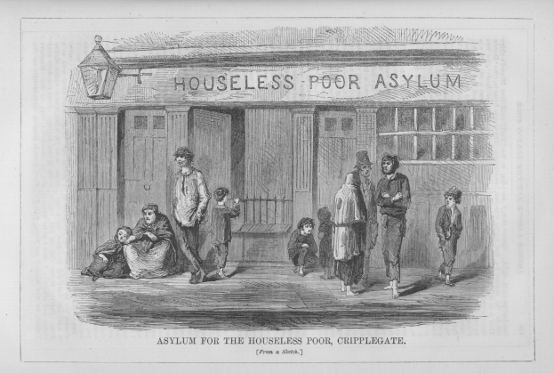 Schwarz-weiß-Zeichnung von Menschen vor einem Gebäude mit der Aufschrift "Asyl für Obdachlose, Cripplegate".