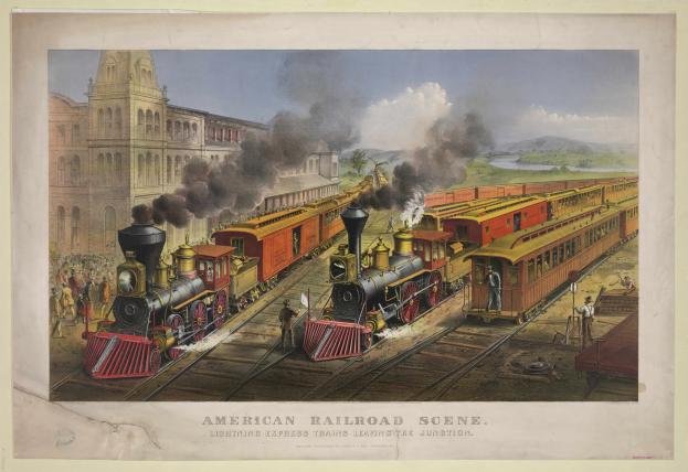 Amerikanische Eisenbahnszene mit einer Dampflok auf Schienen umgeben von Menschen, Gebäuden, Rauch, Höhen und Himmel, beschriftet "Lightning Express Trains Leaving the Junction" unten.