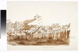 Eine Zeichnung einer Kirche mit einem Zaun davor, umgeben von Bäumen und Pflanzen, als die Kirche des Heiligen Grabes in den Niederlanden identifiziert.