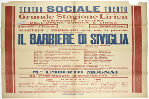 Plakatankündigung eines Konzerts im Teatro Sociale Trento in Rom, Italien, mit Text zur Beschreibung des Ereignisses.