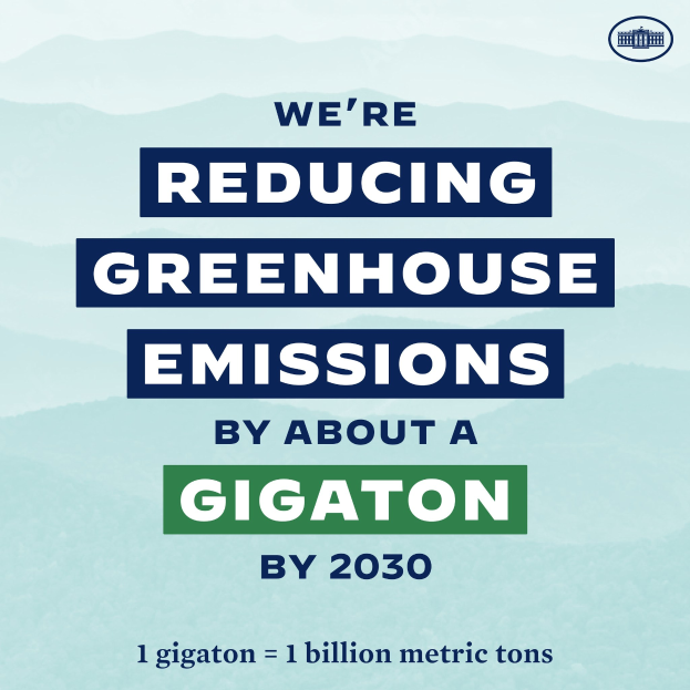 Plakat mit Text und Logo, das 'Wir reduzieren die Treibhausgasemissionen um etwa eine Gigatonne bis 2030' verkündet und für eine signifikante Reduzierung der Treibhausgasemissionen bis 2030 wirbt.