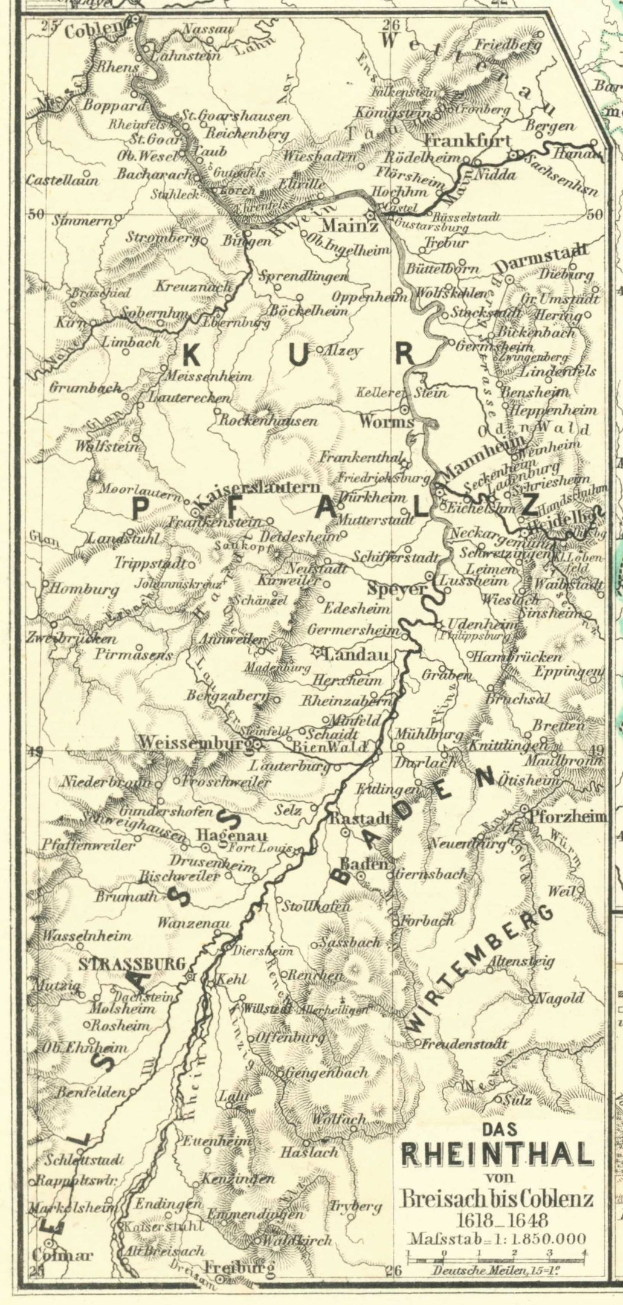 Detailiertes altes Kartenbild des Rheins in Deutschland, das Flüsse, Städte und geografische Merkmale zeigt, mit Text oben und unten für zusätzliche Informationen.