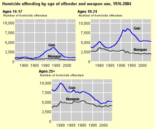 Balkendiagramm, das die Homicide-Offending-Rates nach Alter des Täters und Waffengebrauch von 1976 bis 2004 zeigt, mit begleitendem erklärendem Text.