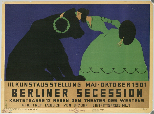 Plakat der Berliner Secession mit einer Frau in grünem Kleid und einem Mann in schwarzem Anzug