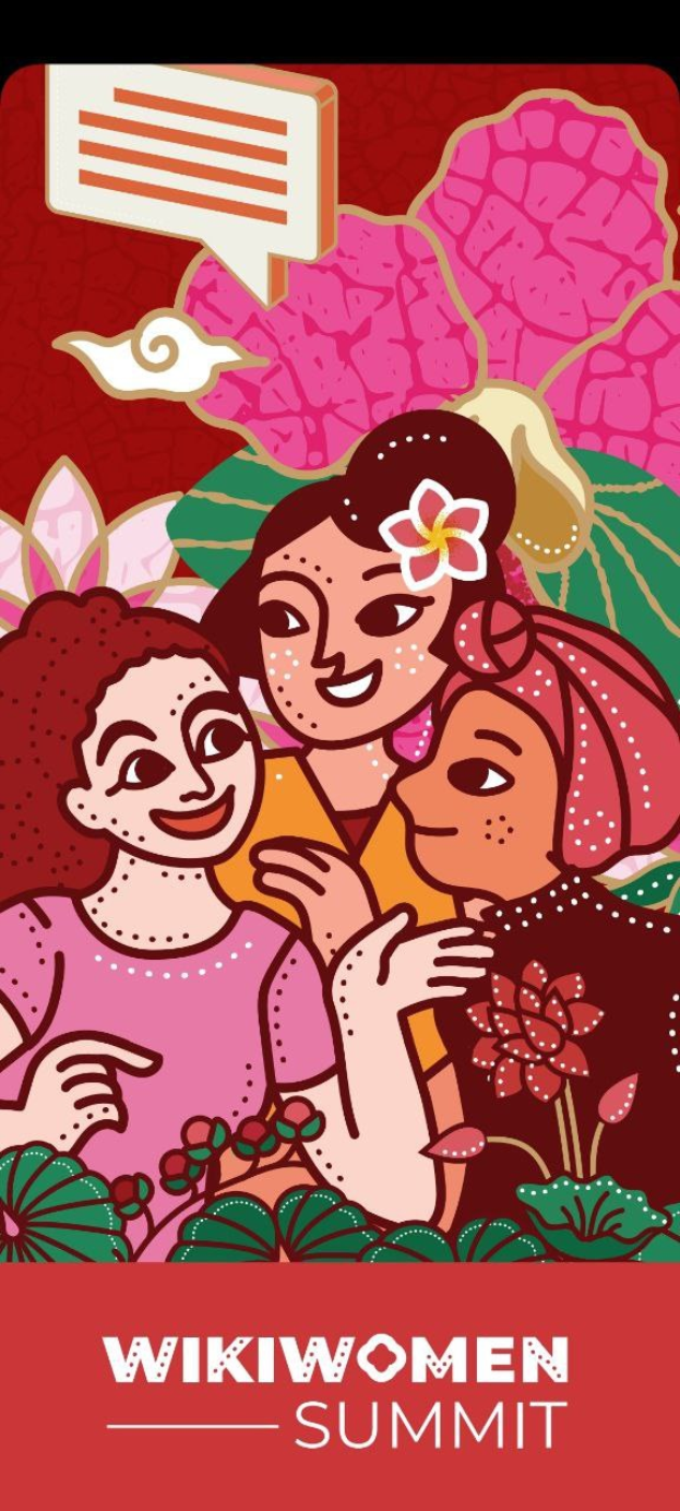 Plakat für den Wikiwomen Summit 2019 mit drei Frauen in der Mitte umgeben von Blumen und Blättern mit Text "Wikiwomen Summit 2019" unten.