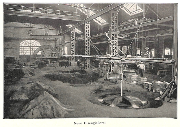 Schwarzes und weißes Foto einer Fabrik mit Arbeitern, die an einer Maschine arbeiten, umgeben von Metallstangen und -pfählen, beschriftet mit "Neue Eisenglebeerei, die erste Fabrik Deutschlands."