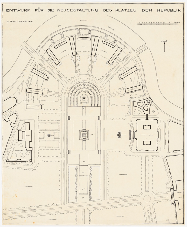 Ein Plan von Berlin, Deutschland, mit einer zentralen Zeichnung eines Gebäudes und Text, der die Stadtanlage und die umliegende Gegend beschreibt.