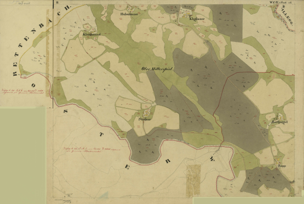 Alte Karte von Stuttgart, Deutschland, zeigt Stadtgrenzen, Straßen, Gebäude und Sehenswürdigkeiten mit detaillierten Textannotationen.