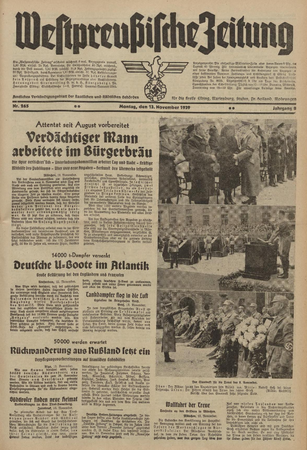 Alte deutsche Zeitungsvorderseite vom 13. November 1939 mit der Schlagzeile "Weitpreubliche Zeitung", die eine Gruppe in traditioneller deutscher Tracht in einer feierlichen Umgebung zeigt.