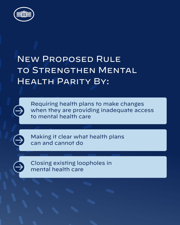 Blauer Hintergrund mit wei├čer Schrift und einem wei├čen Kreis-Logo mit einer blauen Umrandung, das eine neue Regel zur St├Ąrkung der psychischen Gesundheit umreißt.