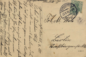 Ein alter Postkarte mit einem deutschen Stempel, auf dem der Text "Schneidemuhr" und die Nummer "1526" steht.