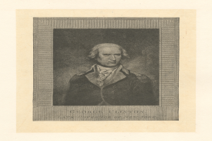 Porträt von George Clinton, dem verstorbenen Gouverneur von New York, in einem Anzug mit zurückgekämmtem Haar, ernster Miene, direkt in die Kamera schauend, mit dem Text 'George Clinton' unten.